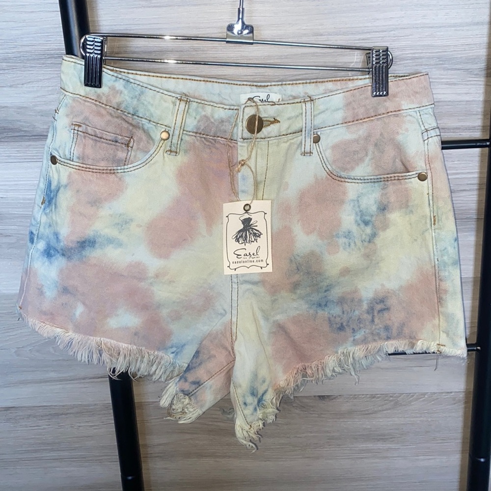 NWT-Women's Tie Dye Denim Fringe Shorts, Sage Blue